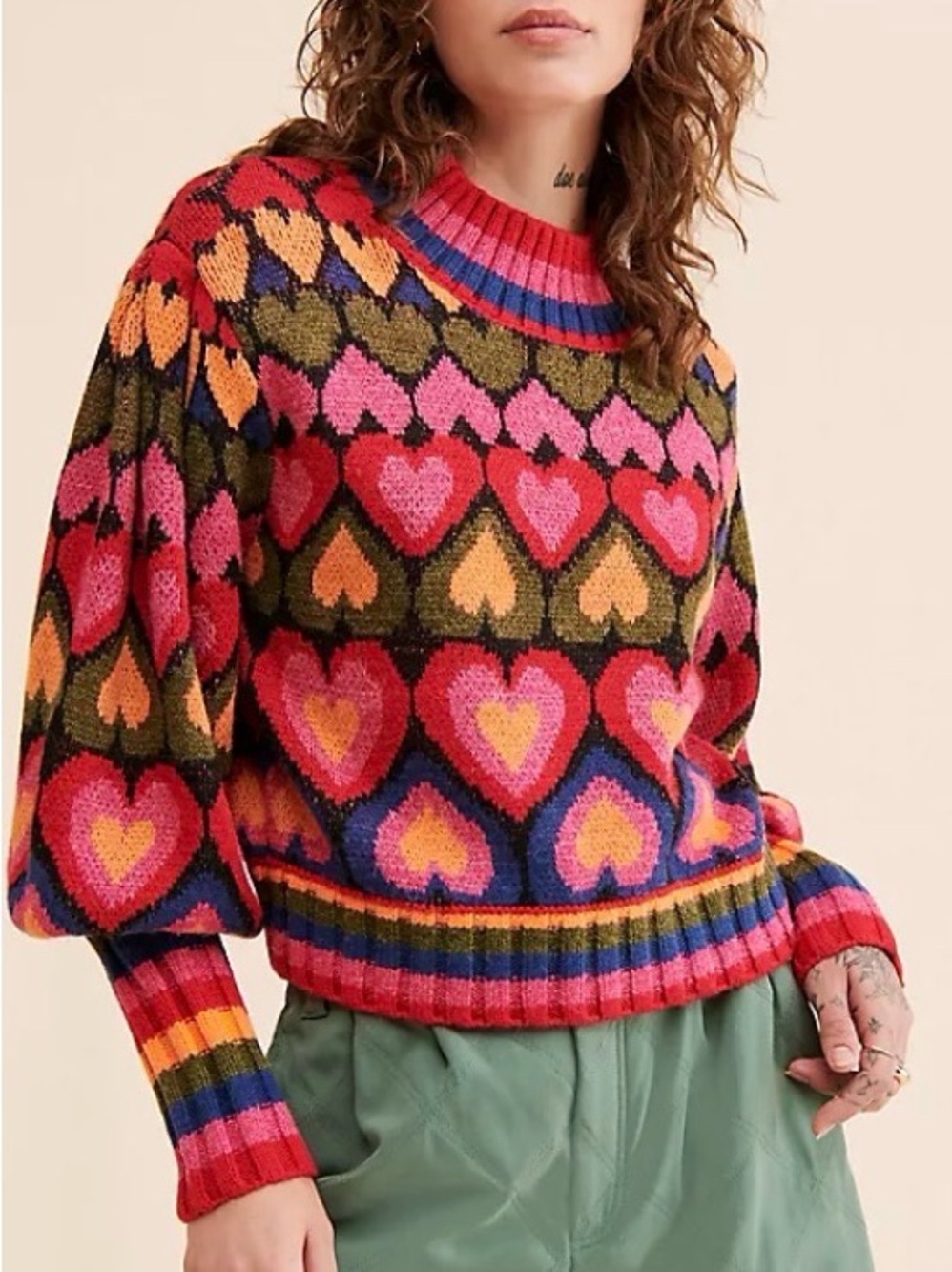 FARM Rio Heart-Pattern Turtleneck Sweater Pink Orange Olive Blue Multicolor